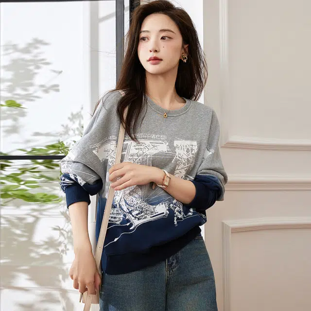 【dme】 圆领几何图案印花渐变长袖卫衣 女款 麻灰