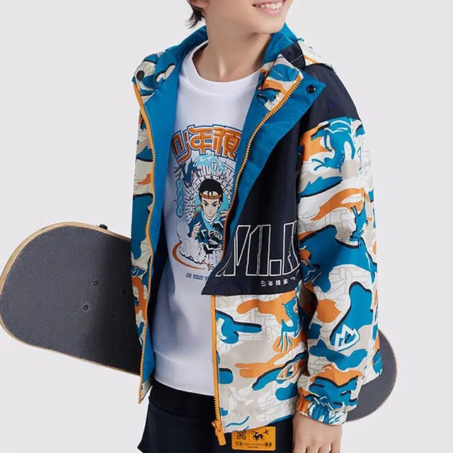 安踏儿童 拼接色块休闲连帽运动外套夹克 儿童款 小麦色