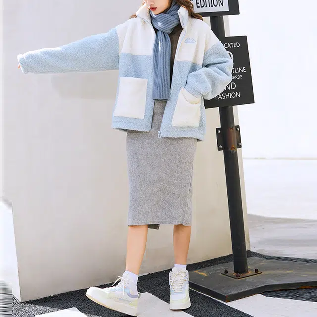 安踏 生活系列 羊羔绒立领运动加绒夹克外套 女款 浅蓝色