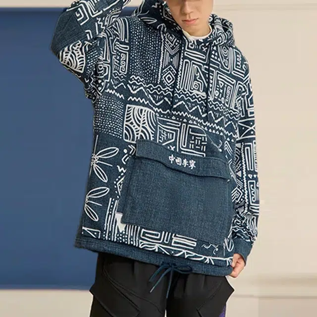 中国李宁 图案印花套头合身卫衣 男款 藏蓝色
