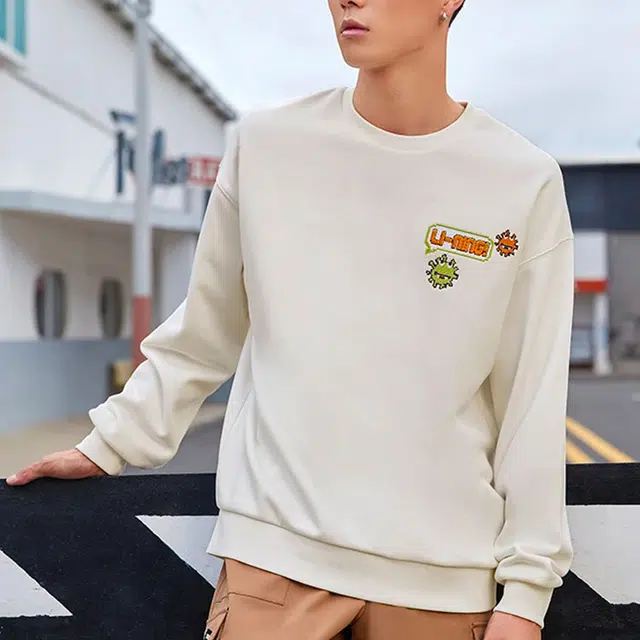 李宁 运动时尚系列 像素风趣味印花保暖加绒宽松卫衣 情侣款 白色