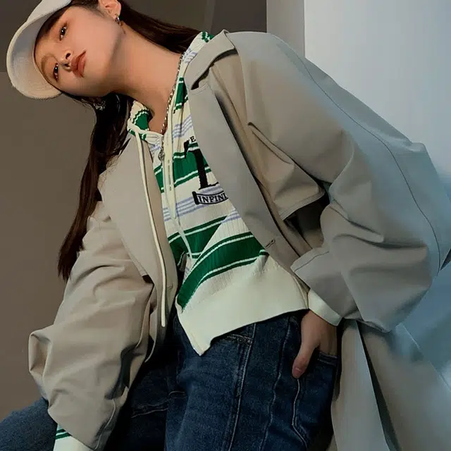 太平鸟 纯色泡泡长袖风衣 女款 灰绿