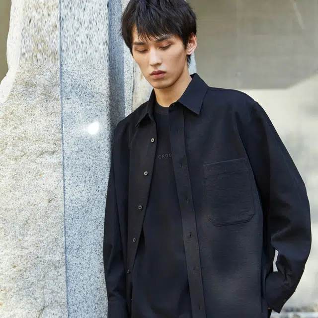 速写 纯色纽扣休闲长袖衬衫 男款