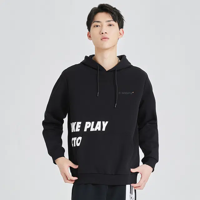 鸿星尔克 生活系列 纯色字母印花抽绳连帽长袖卫衣 男款 黑色