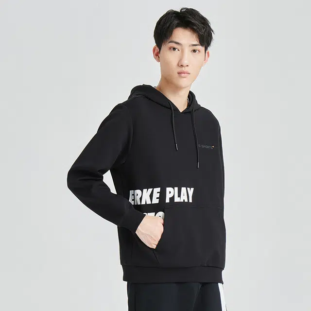 鸿星尔克 生活系列 纯色字母印花抽绳连帽长袖卫衣 男款 黑色