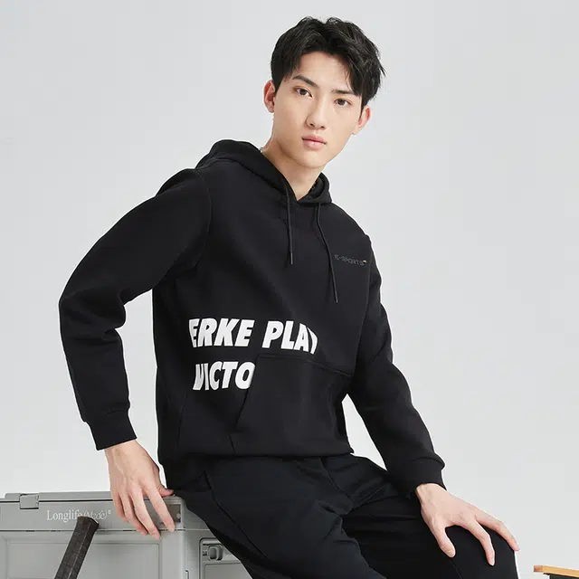 鸿星尔克 生活系列 纯色字母印花抽绳连帽长袖卫衣 男款 黑色
