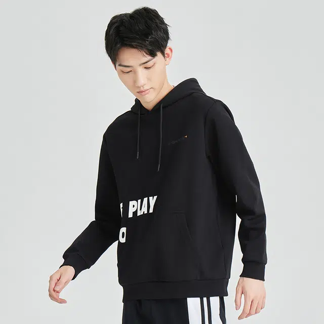 鸿星尔克 生活系列 纯色字母印花抽绳连帽长袖卫衣 男款 黑色