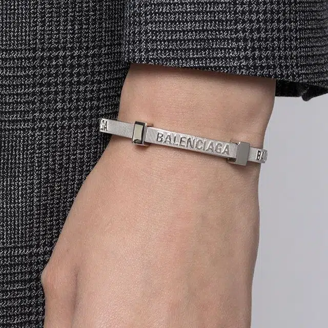 Balenciaga Logo Engraved Silver Bracelet
