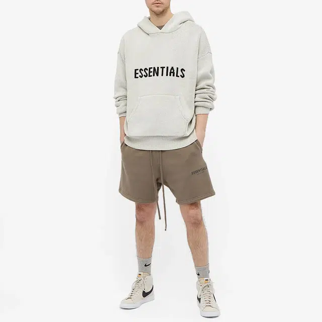 Fear of God Essentials FW21 Knit Hoody Light Heather Oatmeal Logo
