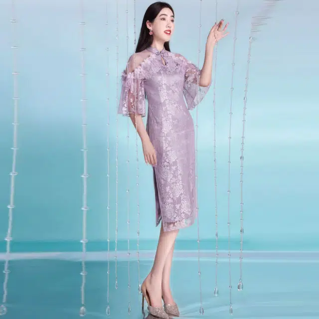 四美子 花卉中长款钉珠盘扣低开衩喇叭短袖旗袍 洛颜