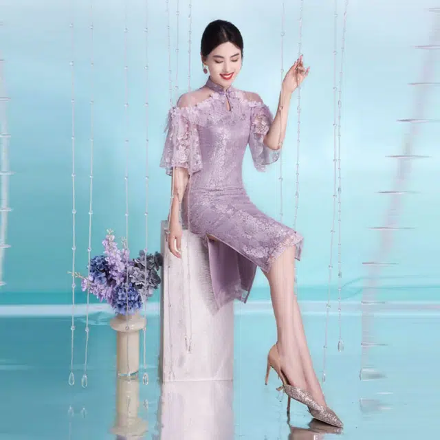 四美子 花卉中长款钉珠盘扣低开衩喇叭短袖旗袍 洛颜