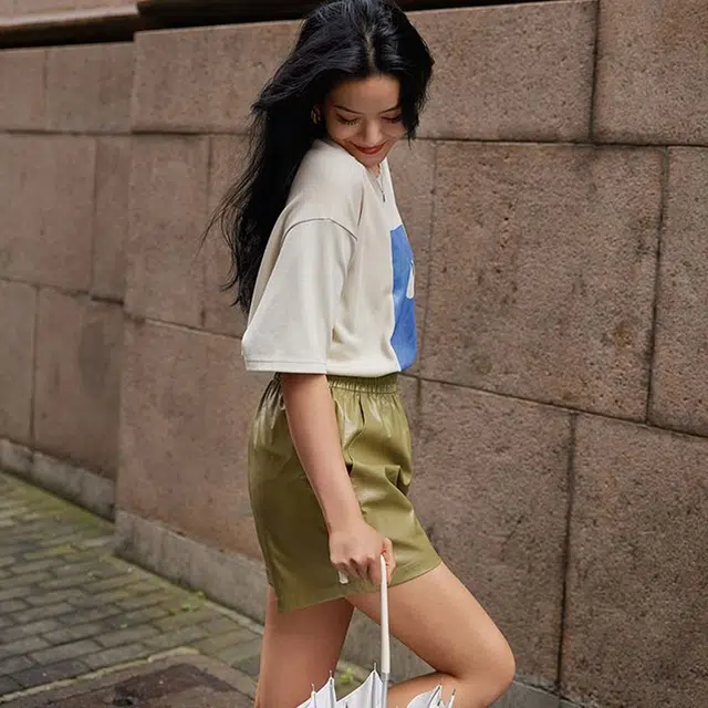 美洋 牛皮纸皮松紧带阔腿休闲短裤 女款