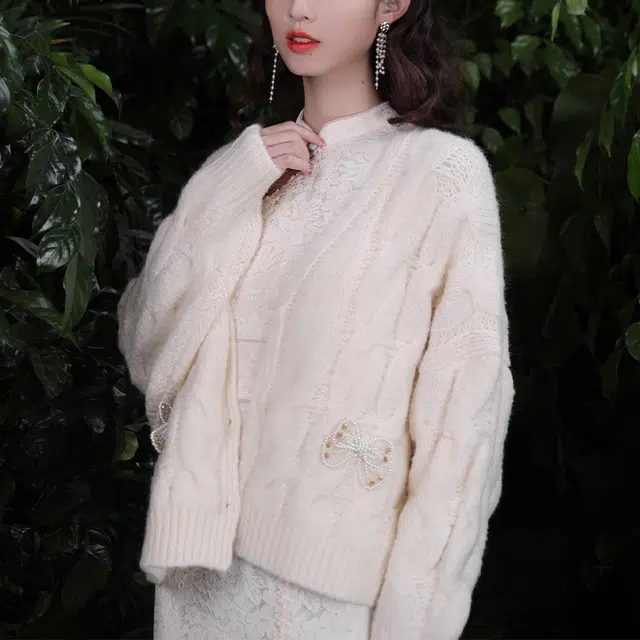 槿爷东方 麻花针织蝴蝶结开衫外套宽松毛衣 女款 杏色