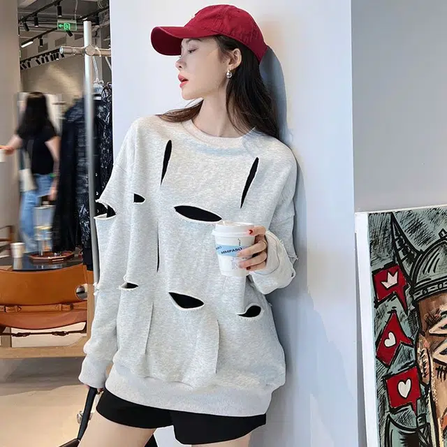 美洋 黑洞卫衣 中空破洞假两件廓形宽松中性休闲