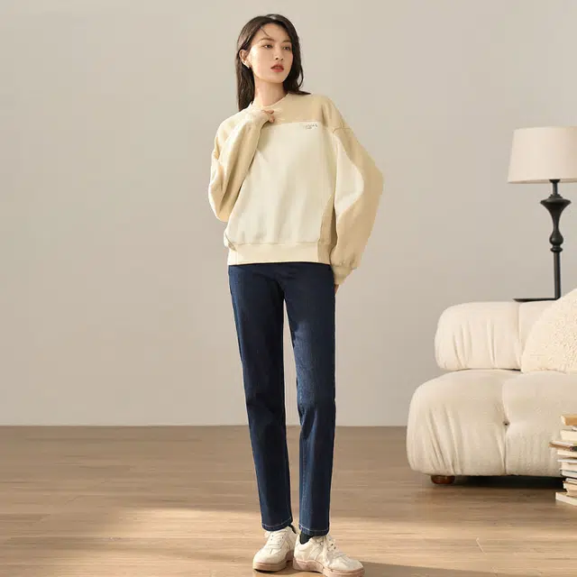 茵曼 纯色拉链九分直筒牛仔裤 女款 深牛仔蓝