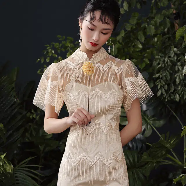 槿爷东方 纯色优雅流苏低开叉短袖旗袍 杏色