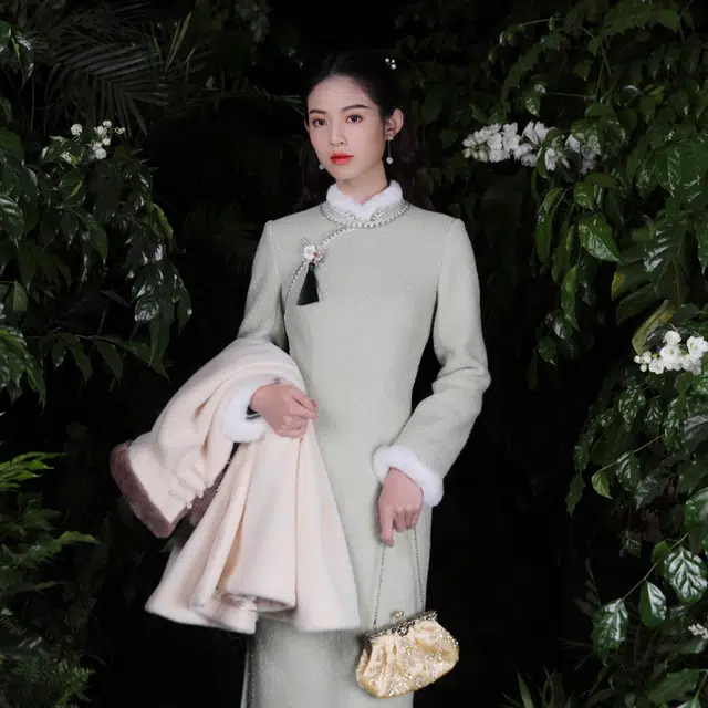 槿爷东方 皖青复古毛呢加厚旗袍 女款 奶绿色