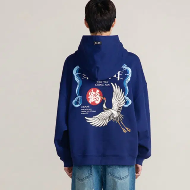 华人青年 后背仙鹤印花连帽套头宽松卫衣 男女同款