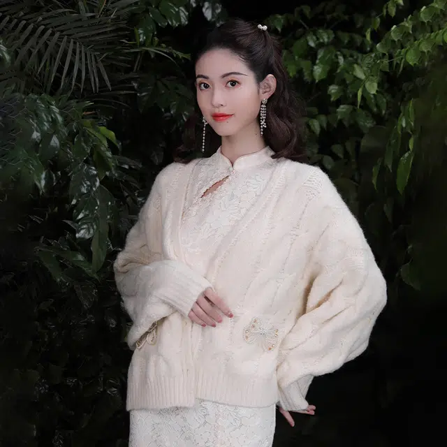 槿爷东方 麻花针织蝴蝶结开衫外套宽松毛衣 女款 杏色