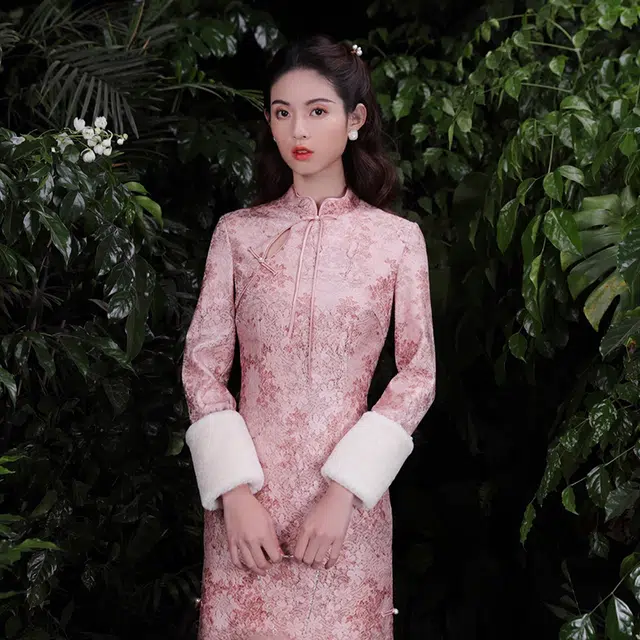 槿爷东方 醉烟林收腰改良旗袍 女款 粉橙色