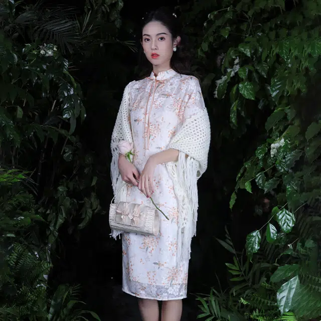 槿爷东方 月桂兔蕾丝改良旗袍 女款 白色 