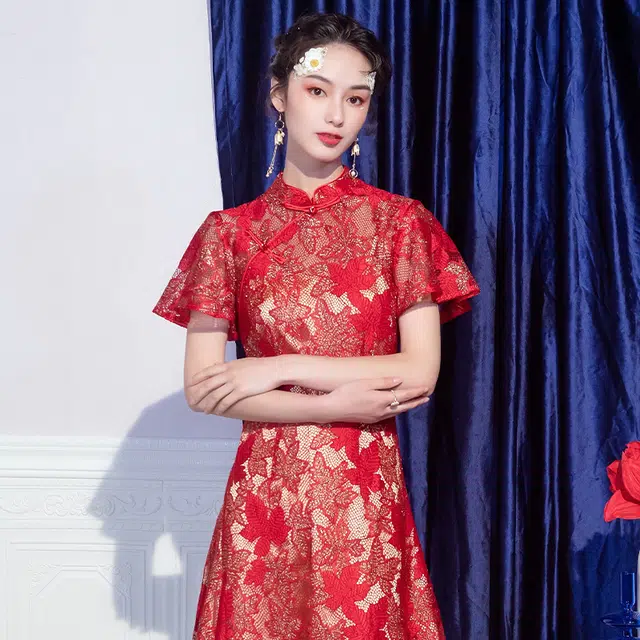 槿爷东方 金丝枫叶喇叭袖蕾丝旗袍 女款 红色
