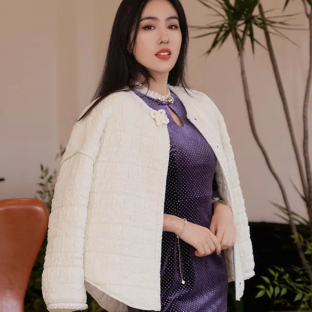 四美子 纯色圆领长袖开衫棉服 女款 若雪