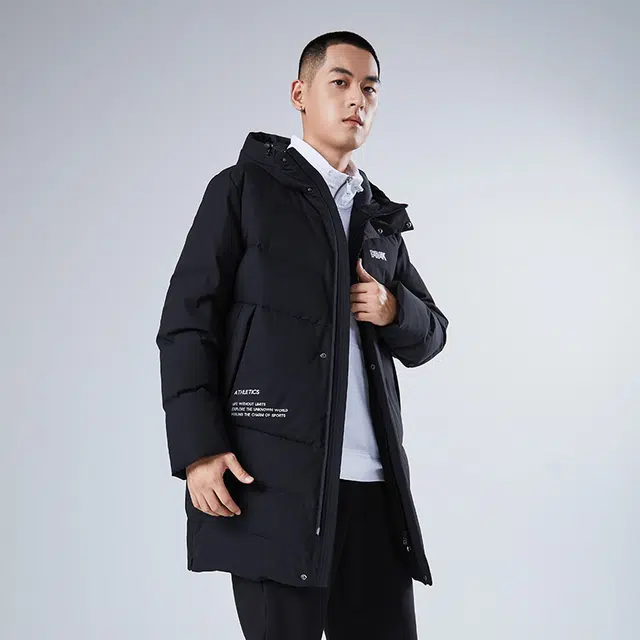 匹克 防风保暖中长连帽羽绒服 男款 黑色