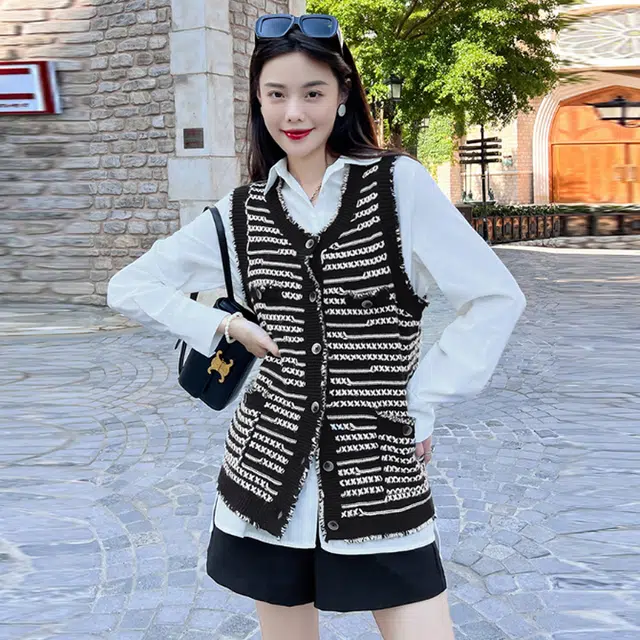 美洋 拼色圆领无袖针织衫 女款 黑色