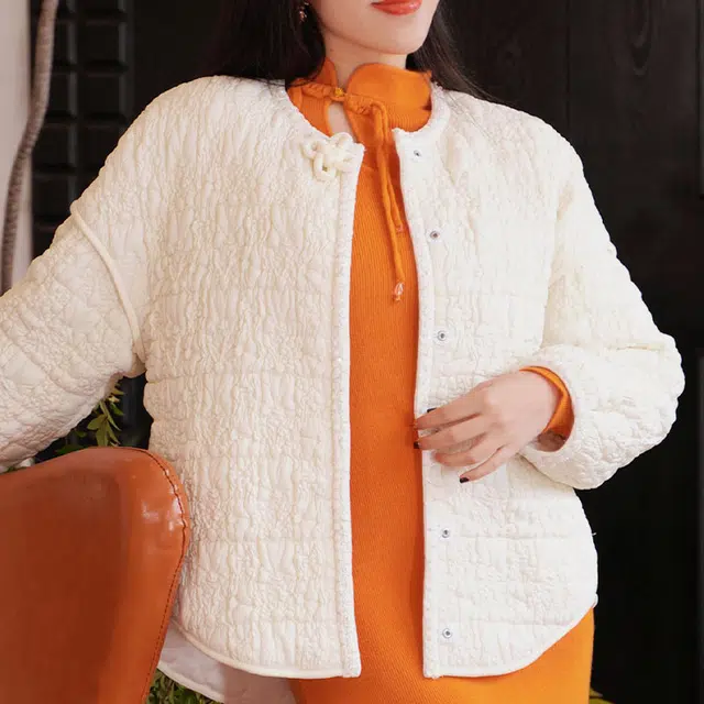 四美子 纯色圆领长袖开衫棉服 女款 若雪