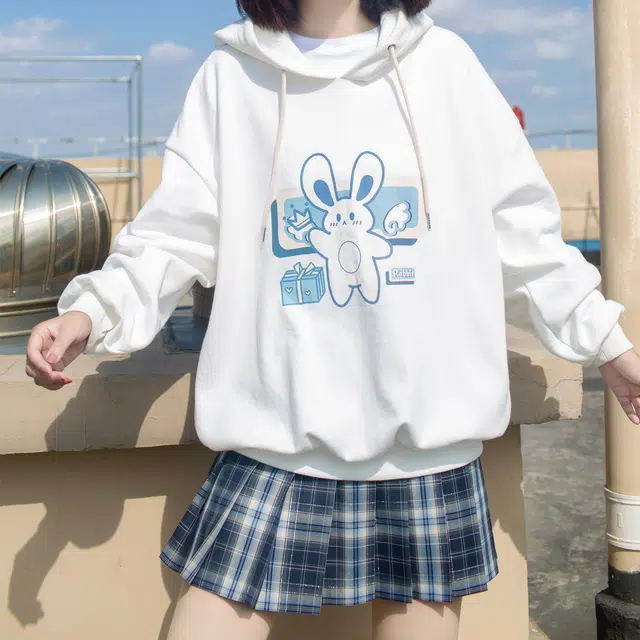 花山家的猫 兔叽叽 兔耳帽兔子卡通印花宽松长袖连帽卫衣 女款