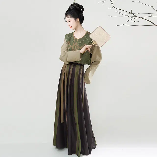 织造司 暮晚归 改良唐褙子圆领衫条纹拼接印花交窬裙原创唐制汉服 女款
