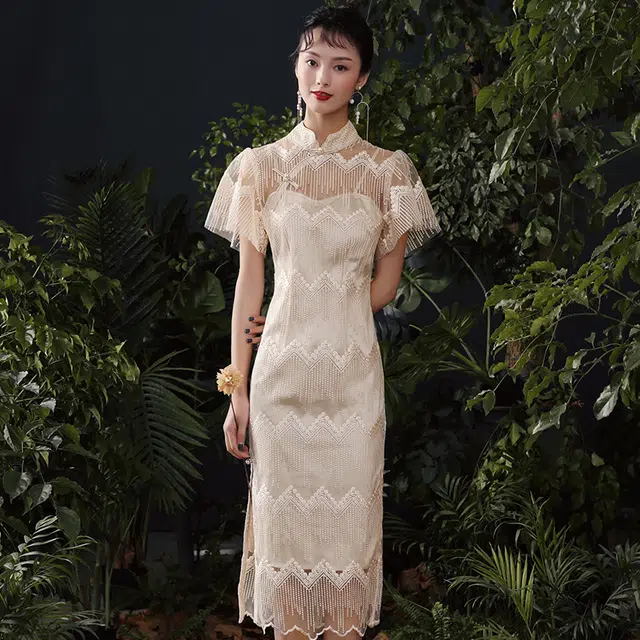槿爷东方 纯色优雅流苏低开叉短袖旗袍 杏色