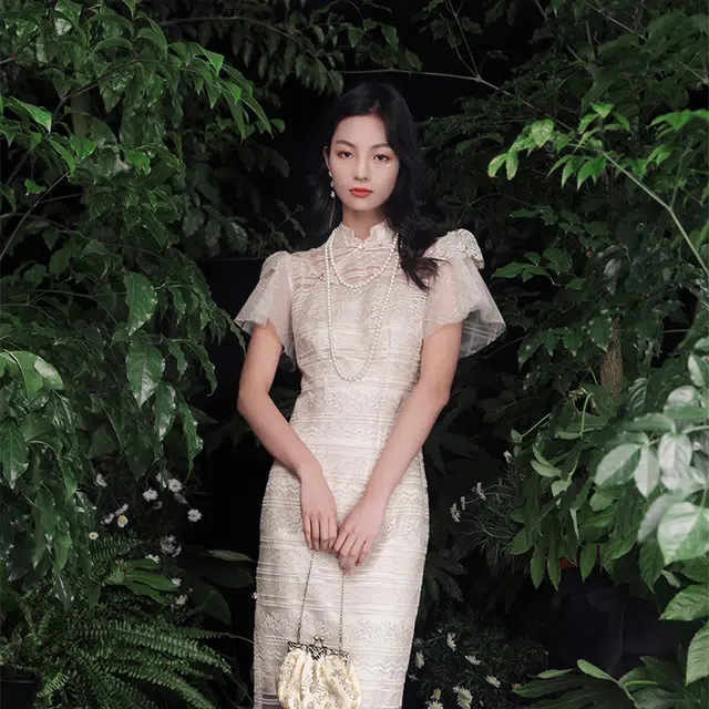 槿爷东方 卿如法式宽纹刺绣旗袍 女款 香槟色