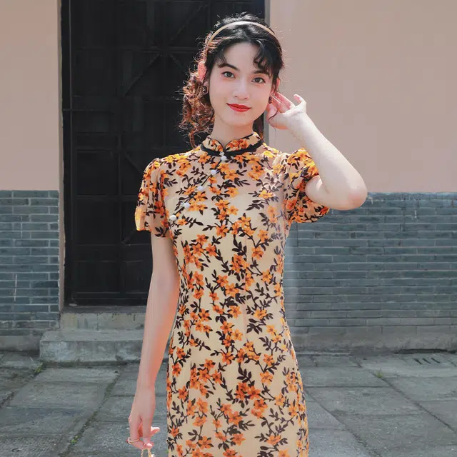 槿爷东方 碎花丝绒短袖旗袍 女款 姜黄色