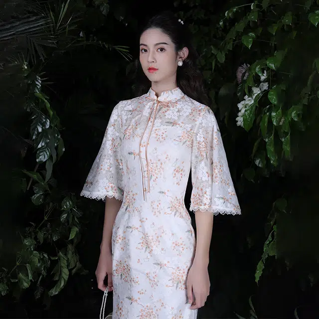 槿爷东方 月桂兔蕾丝改良旗袍 女款 白色 