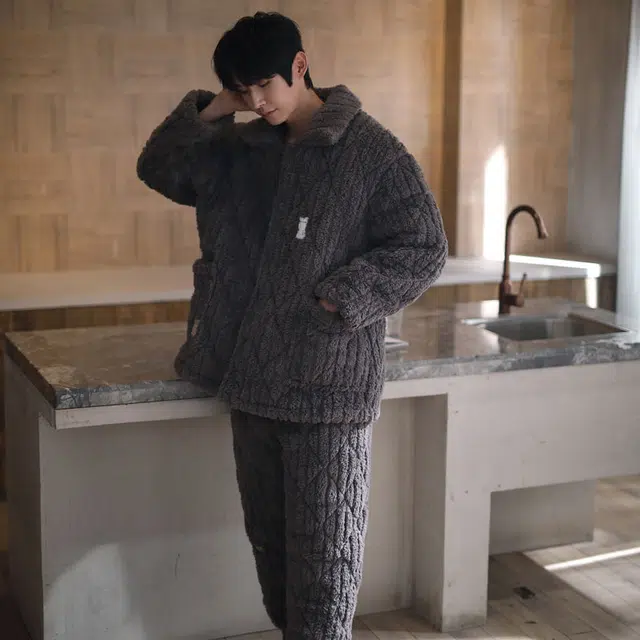 同语 冬季三层夹棉加厚珊瑚绒 法兰绒加绒套装家居服睡衣 家居套装