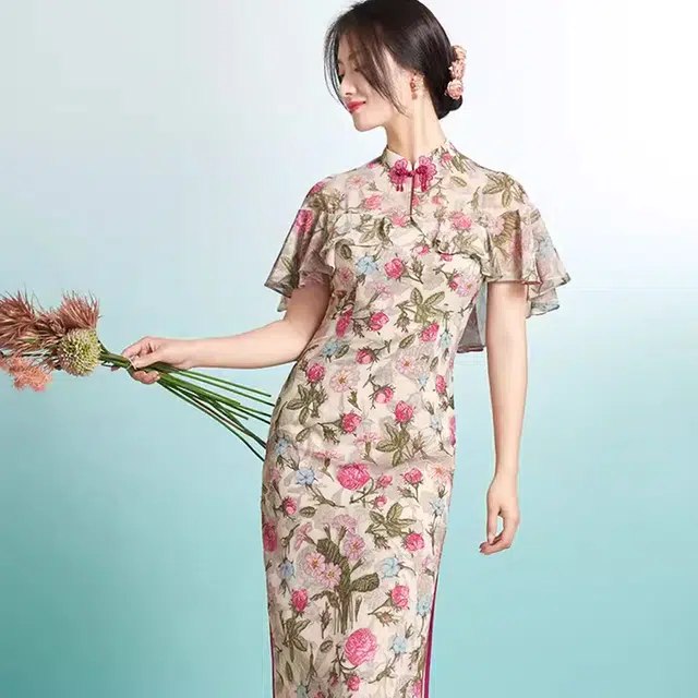 四美子 立领低开衩印花拉链短袖连衣裙 粉花鸢