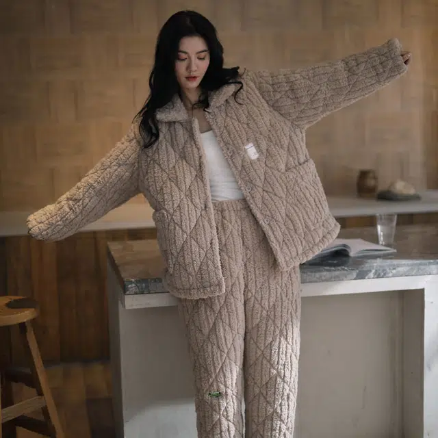 同语 冬季三层夹棉加厚法兰绒珊瑚绒 睡衣家居服加绒套装 女款