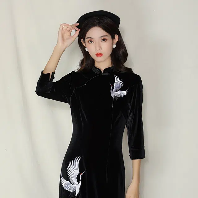 槿爷东方 动物图案羽鹤丝绒改良旗袍 女款 黑色