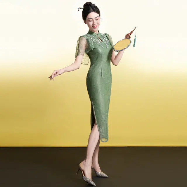 四美子 复古纯色新中式改良蕾丝荷叶短袖连衣裙 清黛
