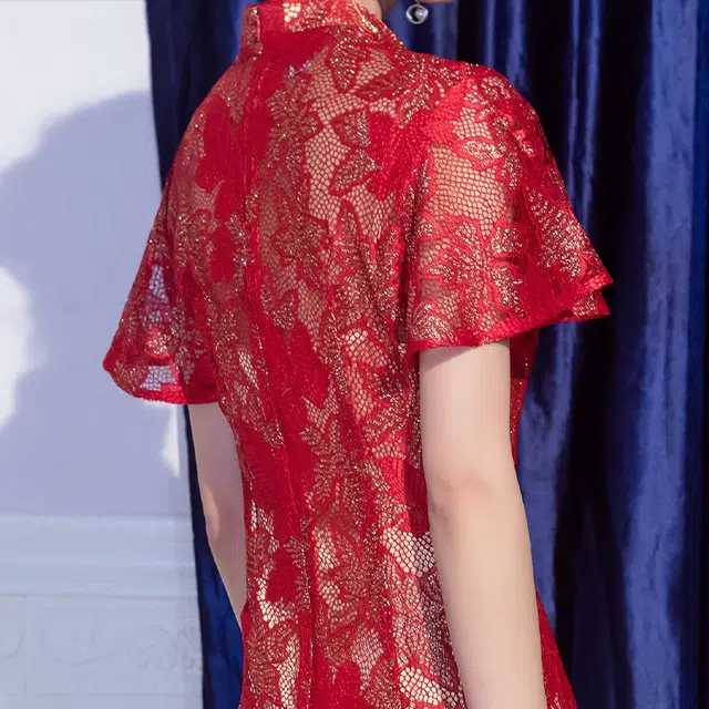 槿爷东方 金丝枫叶喇叭袖蕾丝旗袍 女款 红色