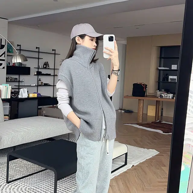 美洋 纯色立领无袖常规款针织衫 女款