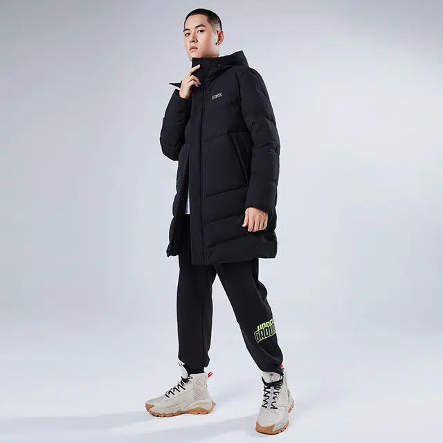 匹克 防风保暖中长连帽羽绒服 男款 黑色