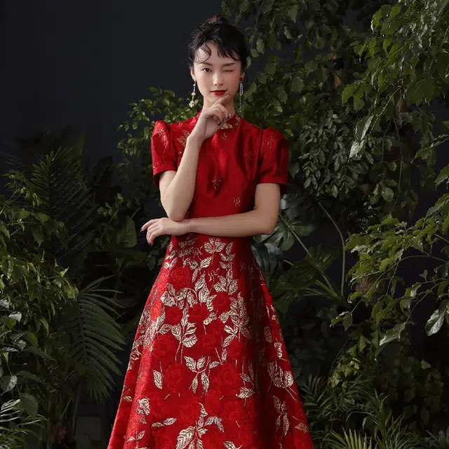 玫瑰泡泡袖改良版旗袍短袖仙女短袖连衣裙 夏季 女款 红色