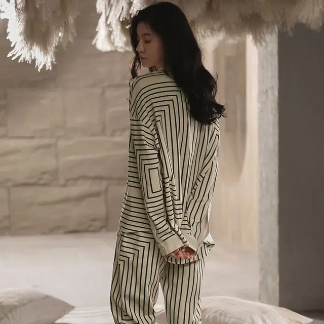 同语 睡衣家居服休闲套装 侘寂  女 春秋季 纯棉条纹韩版  长袖薄款 可外穿 家居套装