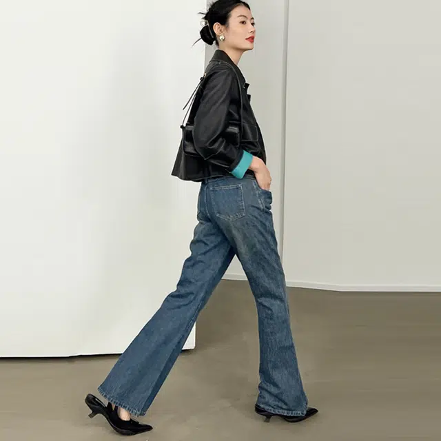 美洋 复古高腰休闲微喇牛仔裤 女款 深牛仔蓝
