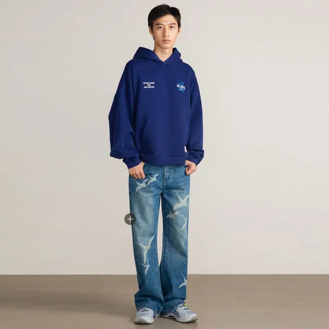 华人青年 后背仙鹤印花连帽套头宽松卫衣 男女同款