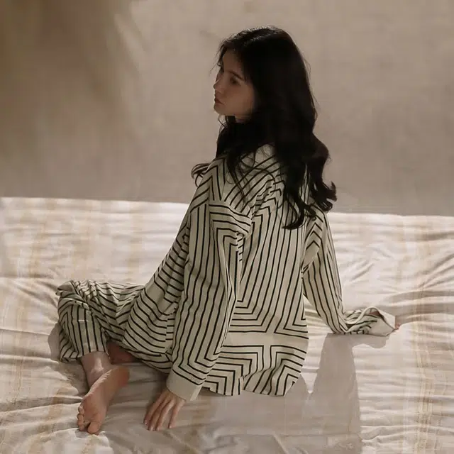 同语 睡衣家居服休闲套装 侘寂  女 春秋季 纯棉条纹韩版  长袖薄款 可外穿 家居套装