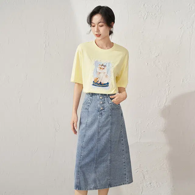 茵曼 纯色宽松中腰牛仔半身裙 女款 牛仔蓝